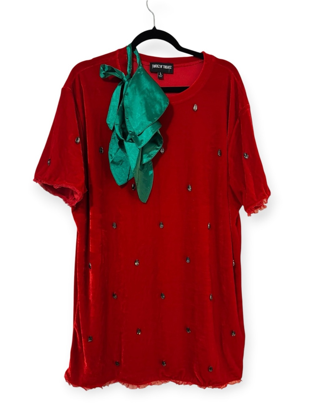 Dolls Kill Strawberry Costume Red Velvet Embellished Women’s Top with Green Bow
